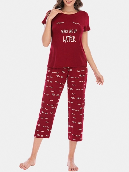 Conjuntos De Pijama De Manga Corta Cómodos Con Estampado De Ojos Y Letras Para Mujer De Talla Grande