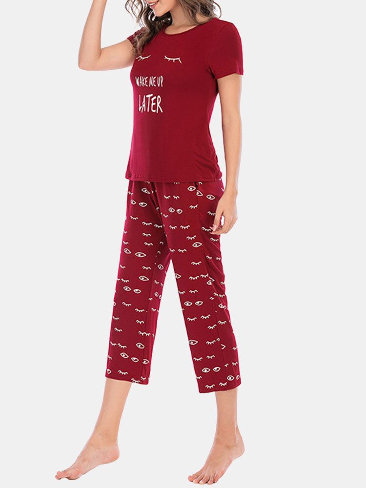 Conjuntos De Pijama De Manga Corta Cómodos Con Estampado De Ojos Y Letras Para Mujer De Talla Grande