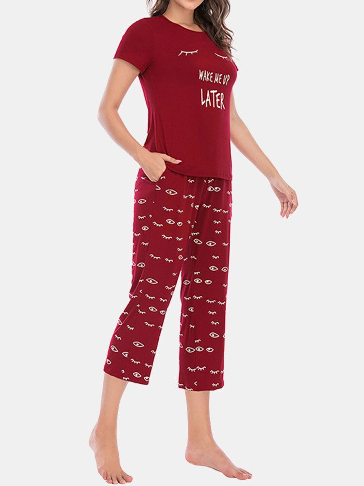 Conjuntos De Pijama De Manga Corta Cómodos Con Estampado De Ojos Y Letras Para Mujer De Talla Grande