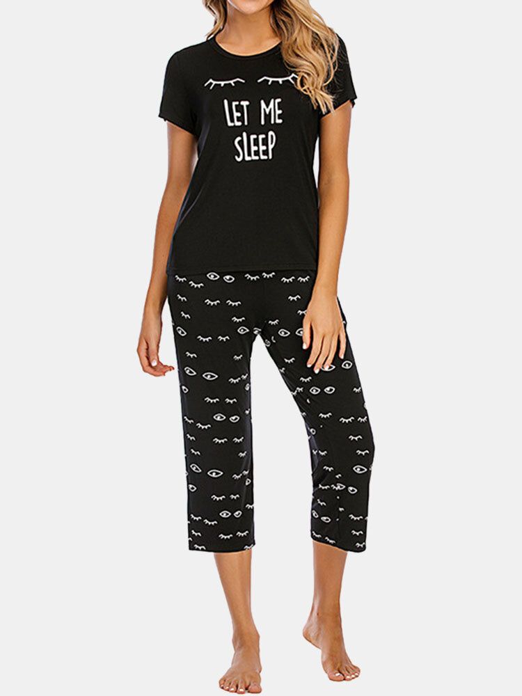 Conjuntos De Pijama De Manga Corta Cómodos Con Estampado De Ojos Y Letras Para Mujer De Talla Grande