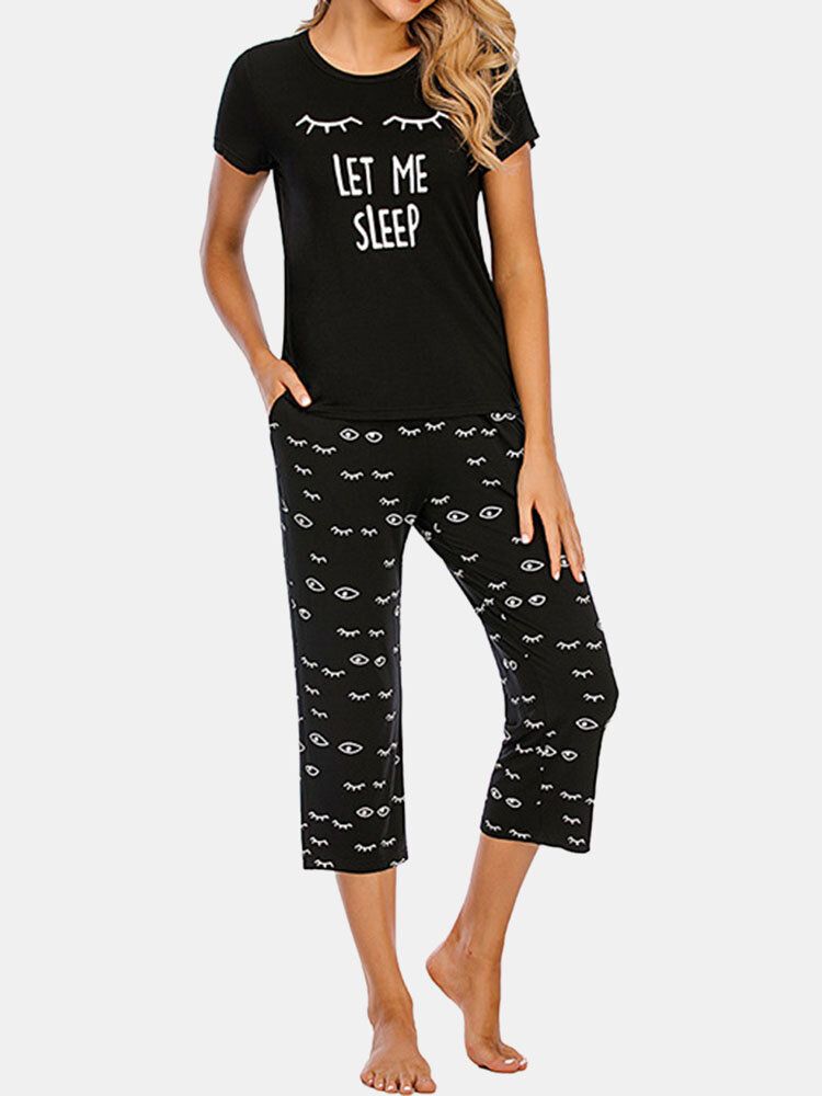 Conjuntos De Pijama De Manga Corta Cómodos Con Estampado De Ojos Y Letras Para Mujer De Talla Grande