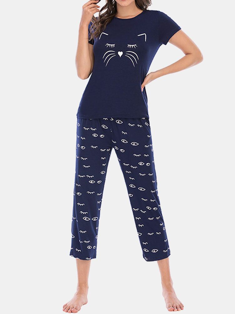 Conjuntos De Pijama De Manga Corta Cómodos Con Estampado De Ojos Y Letras Para Mujer De Talla Grande