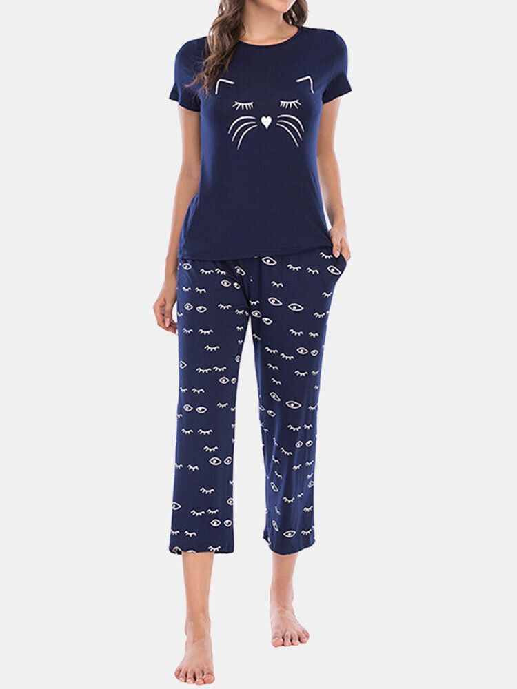 Conjuntos De Pijama De Manga Corta Cómodos Con Estampado De Ojos Y Letras Para Mujer De Talla Grande