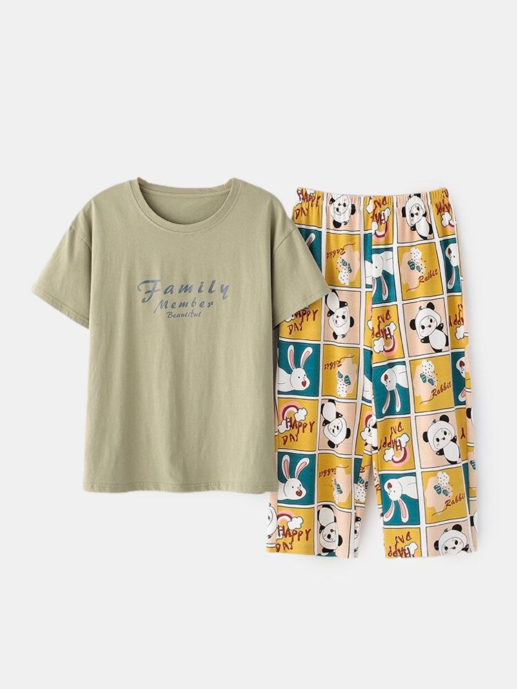 Conjuntos De Pijama De Manga Corta Con Estampado De Letras De Animales De Dibujos Animados Lindos Para Mujeres De Talla Grande