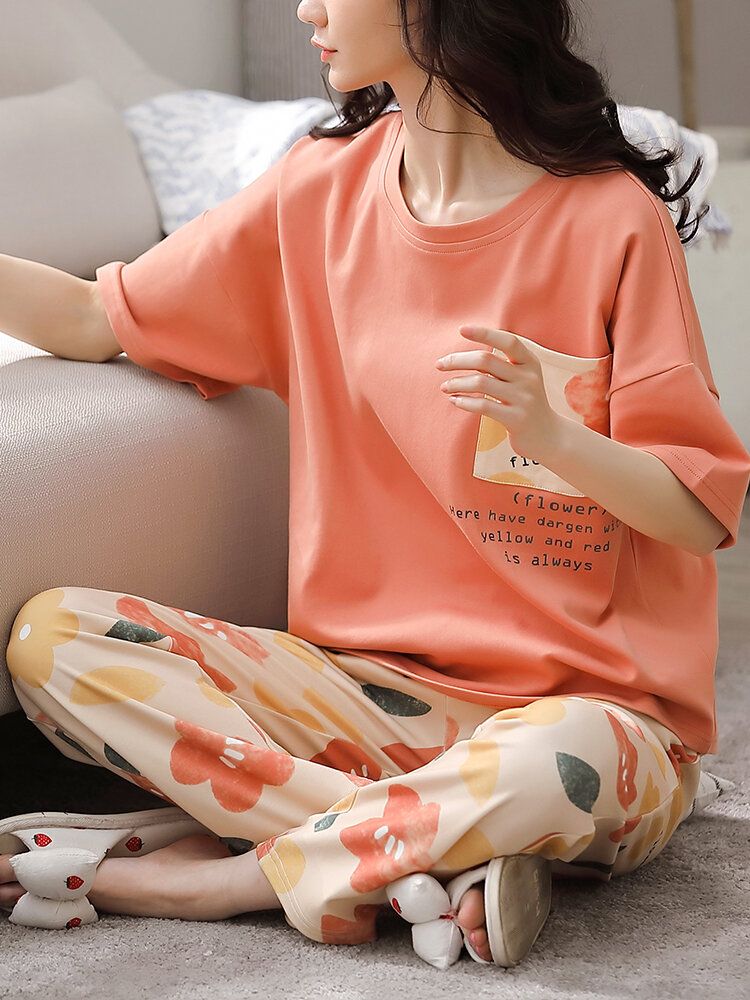 Conjuntos De Pijama Para El Hogar Con Cintura Elástica Y Bolsillo De Manga Corta Con Estampado Floral Para Mujer