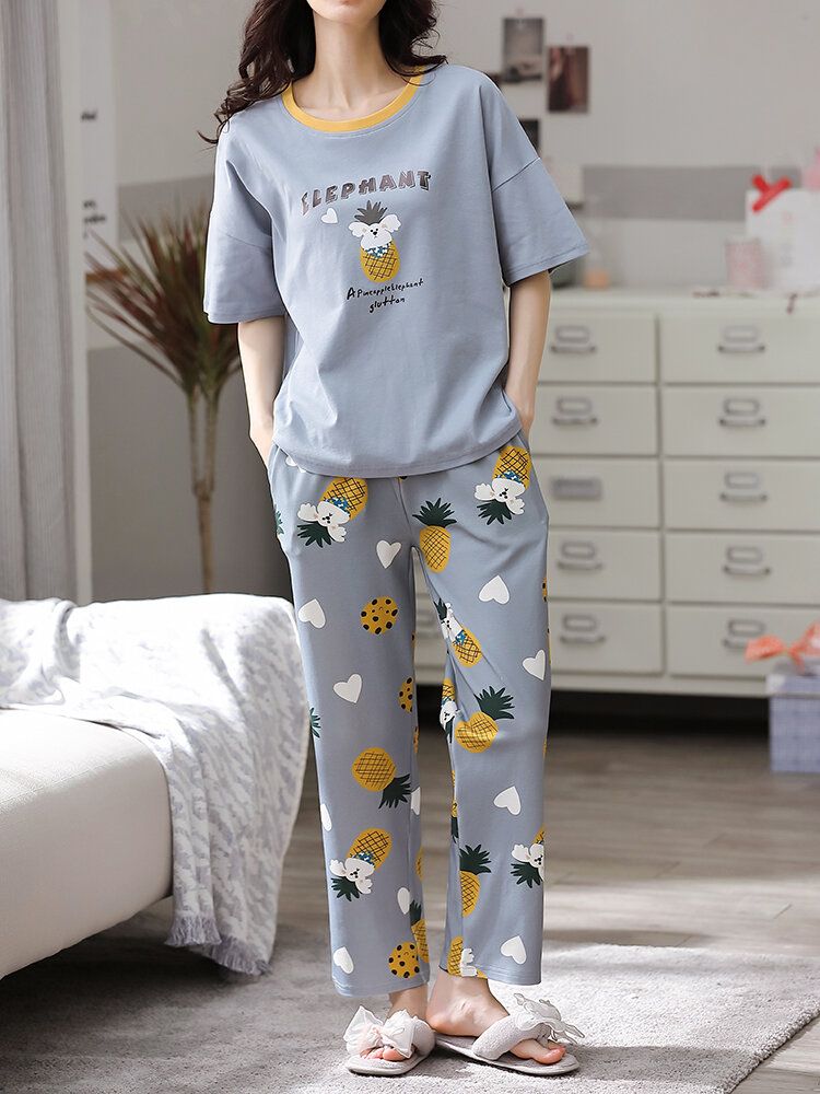 Conjuntos De Pijama Para El Hogar Con Cintura Elástica Y Bolsillo De Manga Corta Con Estampado Floral Para Mujer