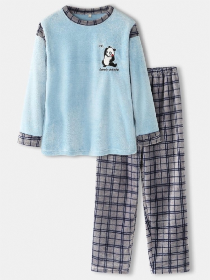 Conjuntos De Pijamas Cálidos De Franela Con Cuello Redondo Y Costura De Rejilla Con Bordado De Letras De Panda Lindo Para Hombre