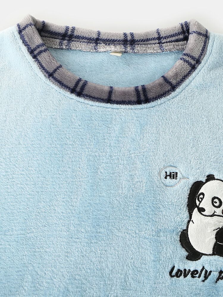 Conjuntos De Pijamas Cálidos De Franela Con Cuello Redondo Y Costura De Rejilla Con Bordado De Letras De Panda Lindo Para Hombre