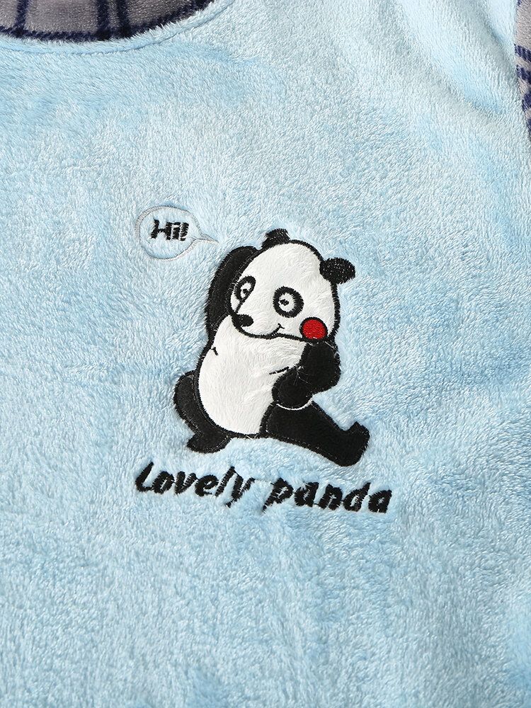 Conjuntos De Pijamas Cálidos De Franela Con Cuello Redondo Y Costura De Rejilla Con Bordado De Letras De Panda Lindo Para Hombre