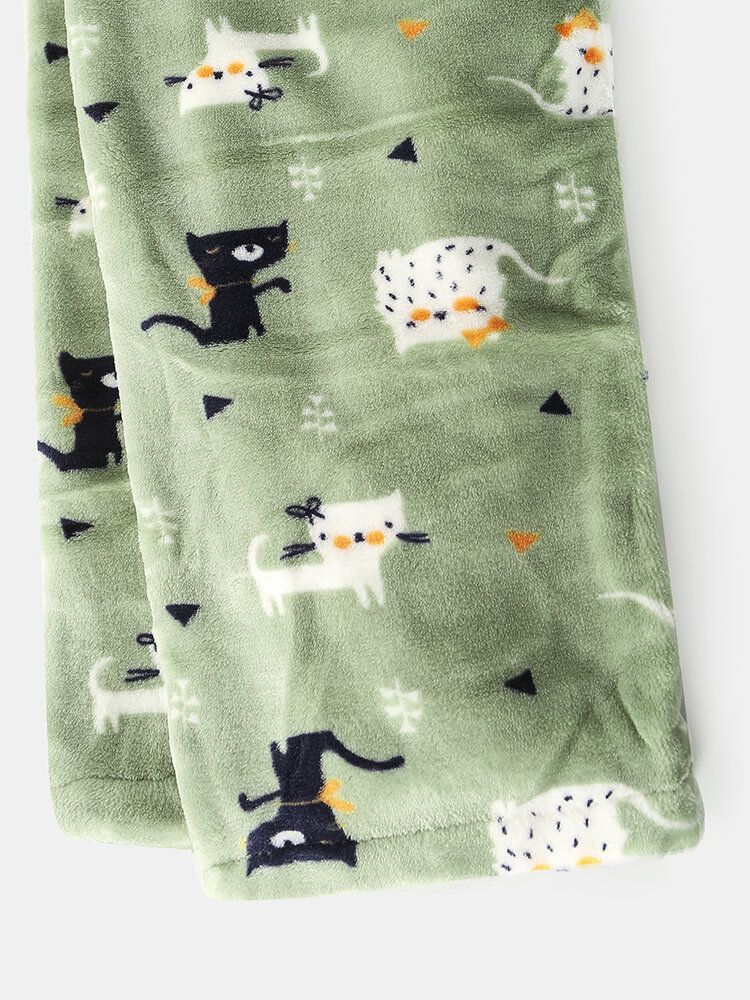 Conjuntos De Pijamas Cálidos Y Acogedores Con Cuello Reverente Con Patrón De Gato Lindo De Franela Para Hombre Con Bolsillo