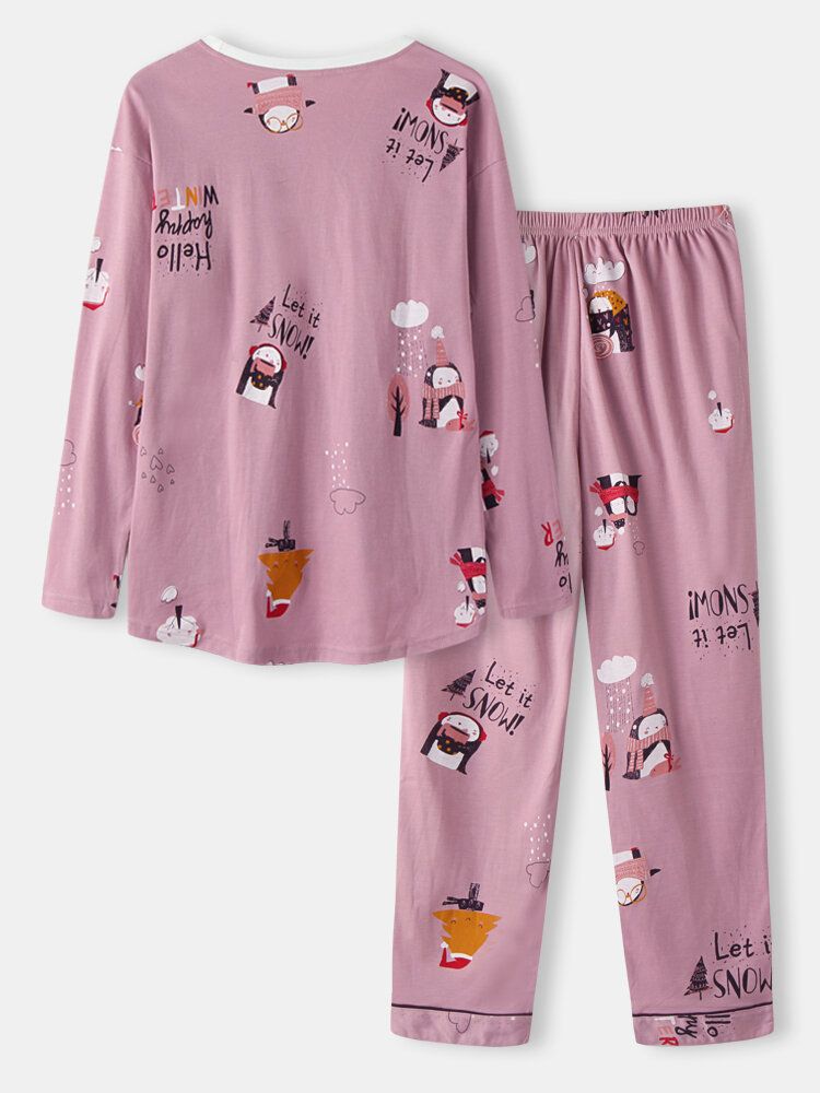 Conjuntos De Pijamas Caseros Sueltos De Dos Piezas Con Estampado De Dibujos Animados Lindo Para Mujer