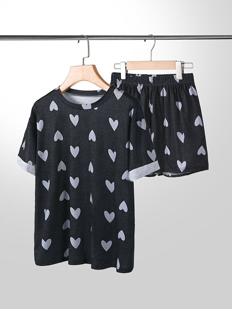 Conjuntos De Pijamas Casuales De Cintura Elástica De Manga Corta Con Estampado De Corazón De Talla Grande Para Mujer