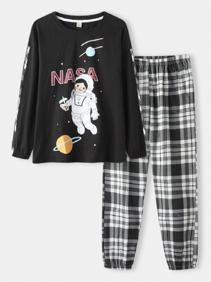 Conjuntos De Pijamas Con Puños De Algodón Con Cuello Redondo Y Estampado De Astronauta Para Mujer Y Niña Con Pantalones A Cuadros