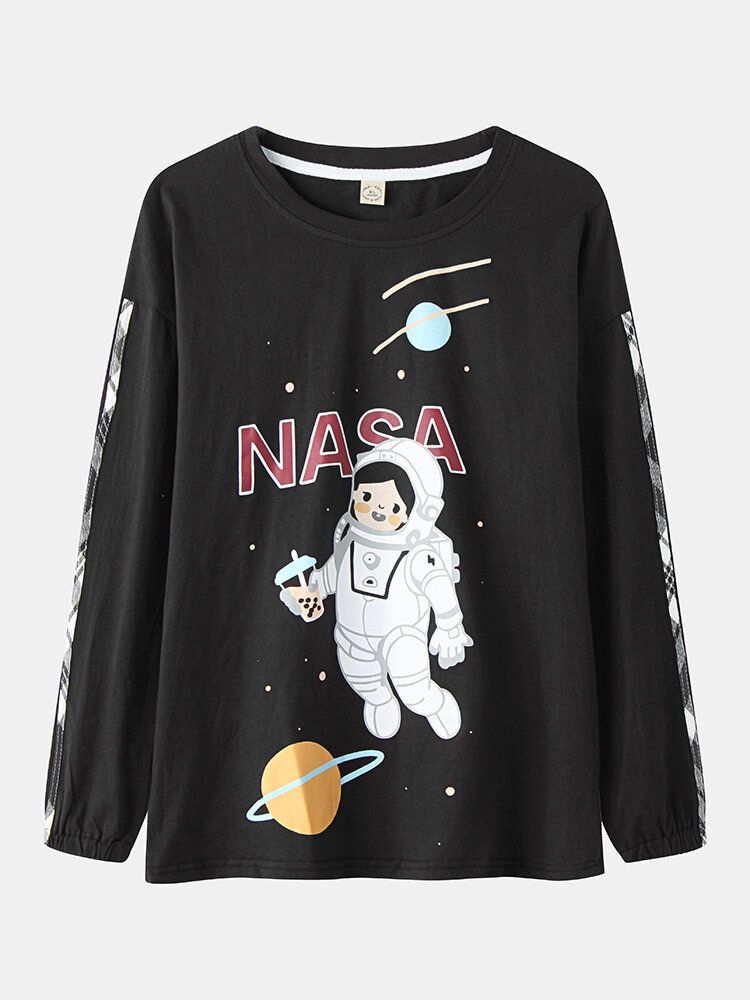 Conjuntos De Pijamas Con Puños De Algodón Con Cuello Redondo Y Estampado De Astronauta Para Mujer Y Niña Con Pantalones A Cuadros