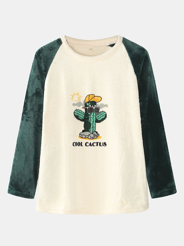 Conjuntos De Pijamas Largos Cálidos De Franela Con Cuello Redondo Y Estampado De Letras De Cactus De Dibujos Animados Para Hombre