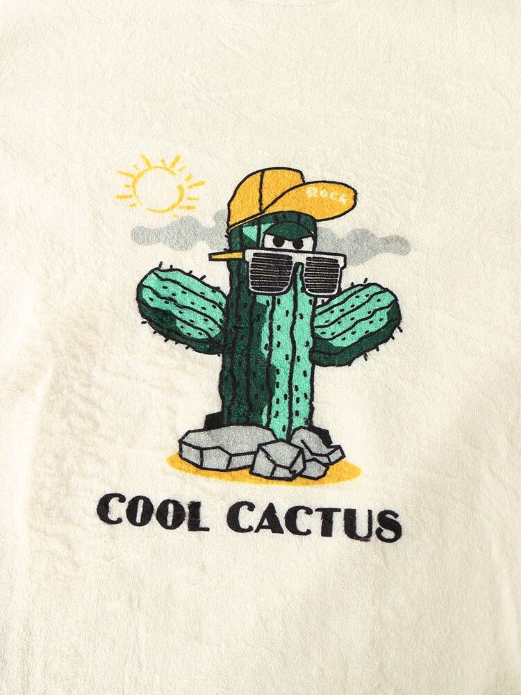 Conjuntos De Pijamas Largos Cálidos De Franela Con Cuello Redondo Y Estampado De Letras De Cactus De Dibujos Animados Para Hombre