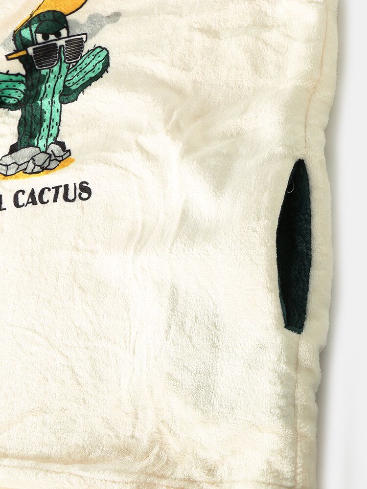 Conjuntos De Pijamas Largos Cálidos De Franela Con Cuello Redondo Y Estampado De Letras De Cactus De Dibujos Animados Para Hombre