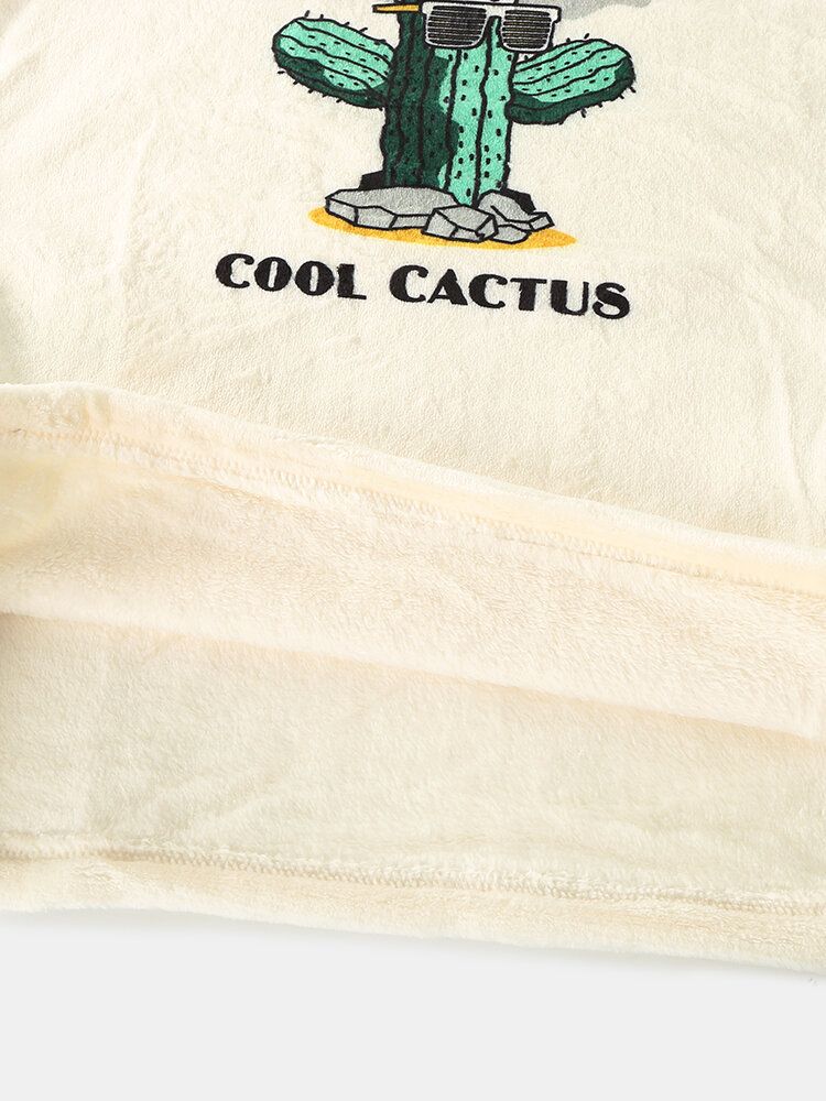 Conjuntos De Pijamas Largos Cálidos De Franela Con Cuello Redondo Y Estampado De Letras De Cactus De Dibujos Animados Para Hombre