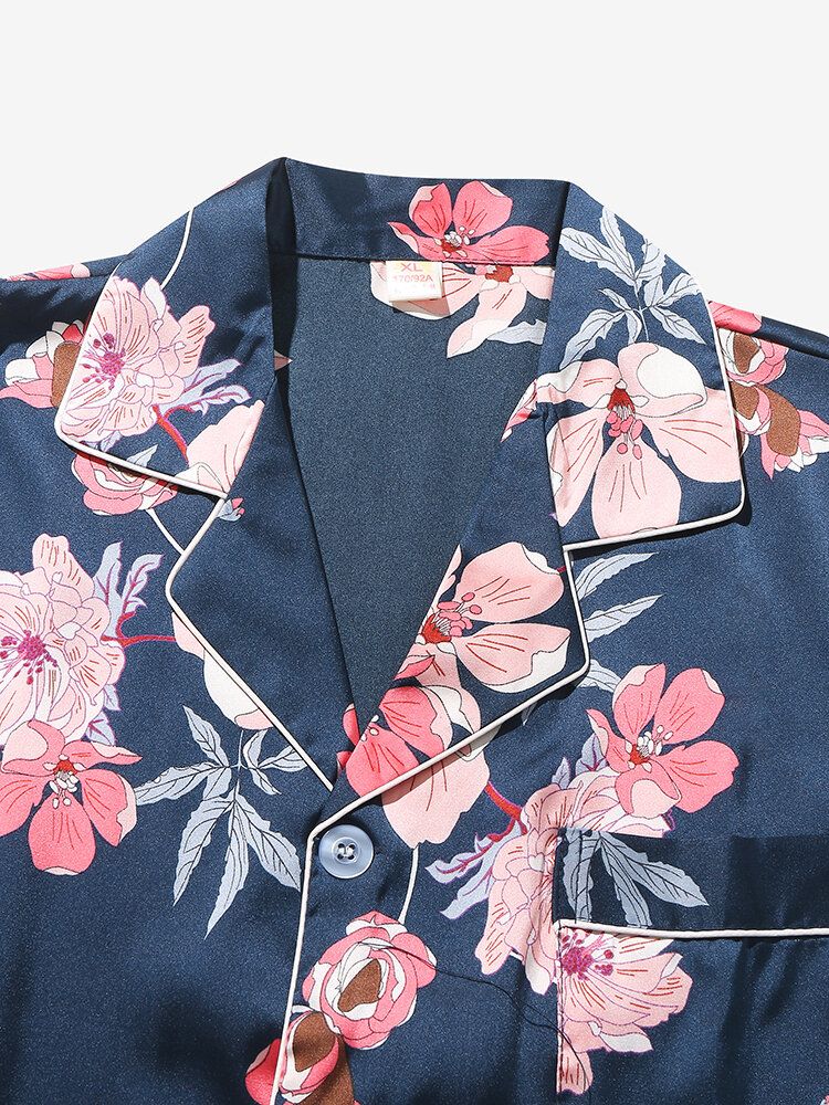 Conjuntos De Pijamas De Manga Larga Con Cuello Reverente Y Estampado Floral Para Hombre Con Encuadernación En Contraste