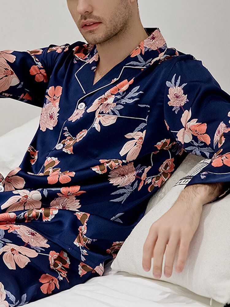 Conjuntos De Pijamas De Manga Larga Con Cuello Reverente Y Estampado Floral Para Hombre Con Encuadernación En Contraste