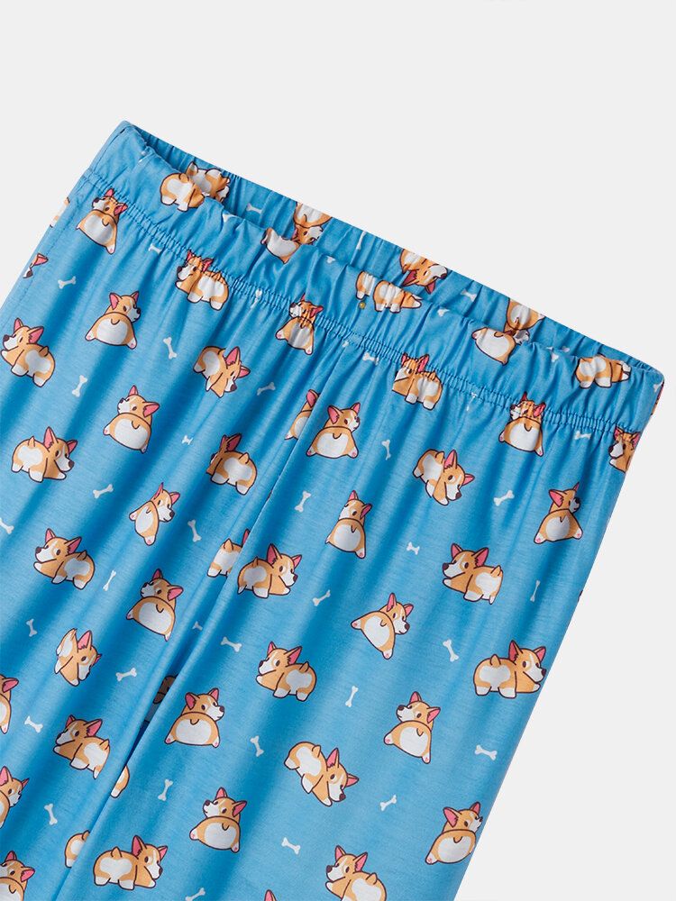 Conjuntos De Pijamas De Pantalones Con Puños Lindos De Manga Corta Con Estampado De Perro De Dibujos Animados Para Mujeres