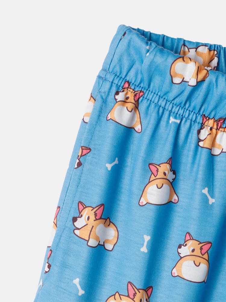 Conjuntos De Pijamas De Pantalones Con Puños Lindos De Manga Corta Con Estampado De Perro De Dibujos Animados Para Mujeres