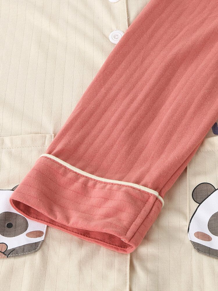 Conjuntos De Pijamas Para El Hogar De Algodón Con Mangas Raglán En Contraste Con Estampado De Panda Lindo De Talla Grande Para Mujer