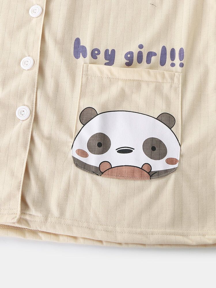 Conjuntos De Pijamas Para El Hogar De Algodón Con Mangas Raglán En Contraste Con Estampado De Panda Lindo De Talla Grande Para Mujer