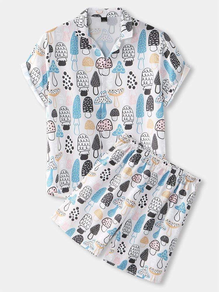 Conjuntos De Pijamas Para Hombre Con Estampado De Hongos Solapa Fina Manga Corta Suelta Para Vacaciones En La Playa Loungewear