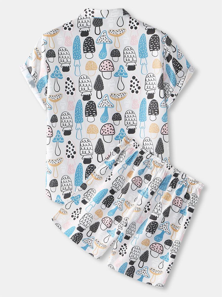 Conjuntos De Pijamas Para Hombre Con Estampado De Hongos Solapa Fina Manga Corta Suelta Para Vacaciones En La Playa Loungewear