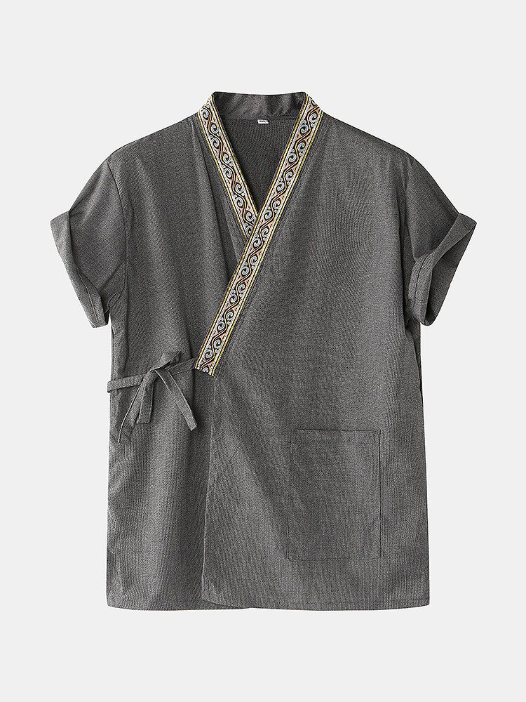 Conjuntos De Ropa De Salón Cortos Sueltos De Algodón Con Cuello En V Y Corbata Lateral De Kimono Lateral Para Hombre