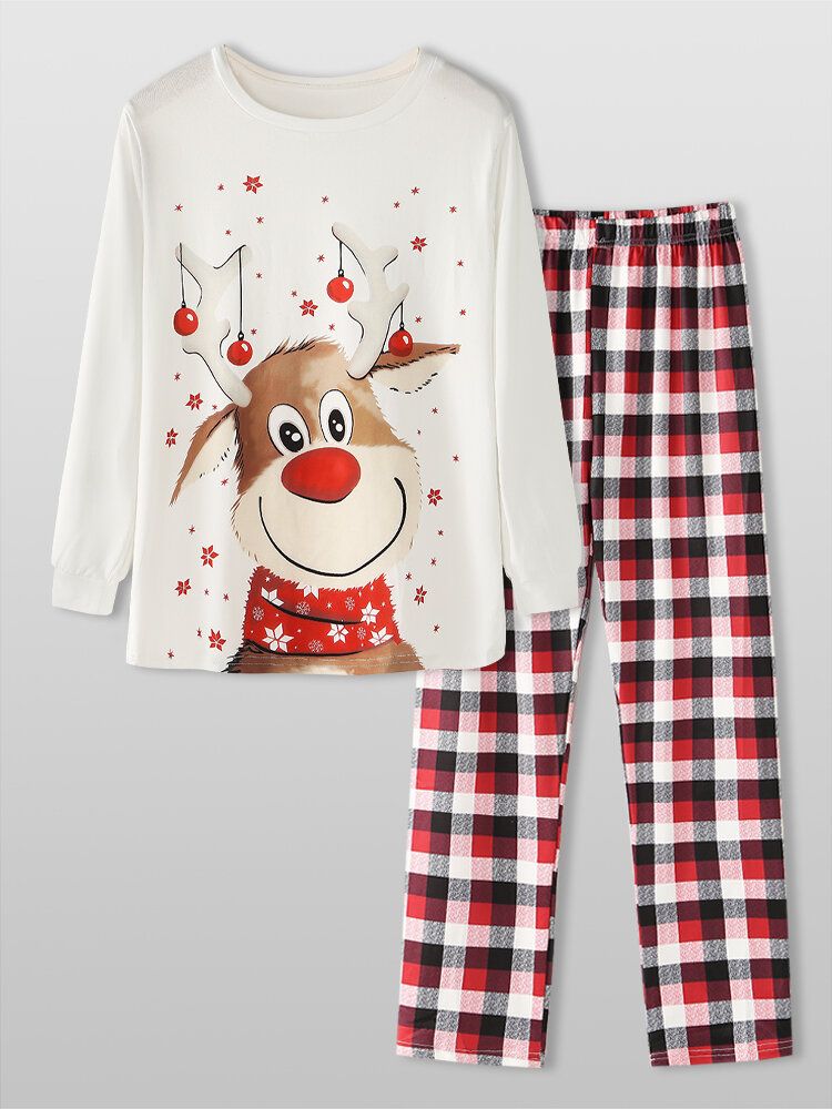 Estilo Navideño Mujeres Lindo Estampado De Alces Pullover Plaid Pantalones De Cintura Suelta Elásticos Conjunto De Pijama Para El Hogar