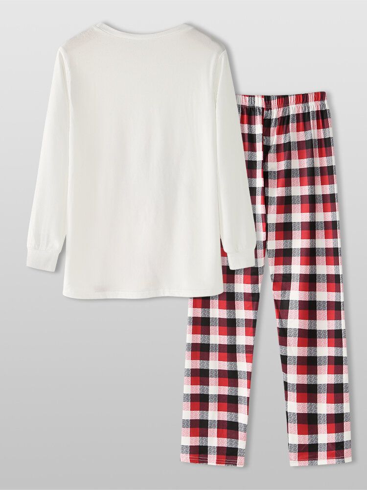 Estilo Navideño Mujeres Lindo Estampado De Alces Pullover Plaid Pantalones De Cintura Suelta Elásticos Conjunto De Pijama Para El Hogar