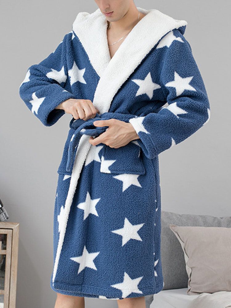 Fajas Para El Hogar Con Estampado De Estrellas Gruesas Para Hombre Ropa De Dormir Con Capucha Cálida De Felpa Con Bolsillo