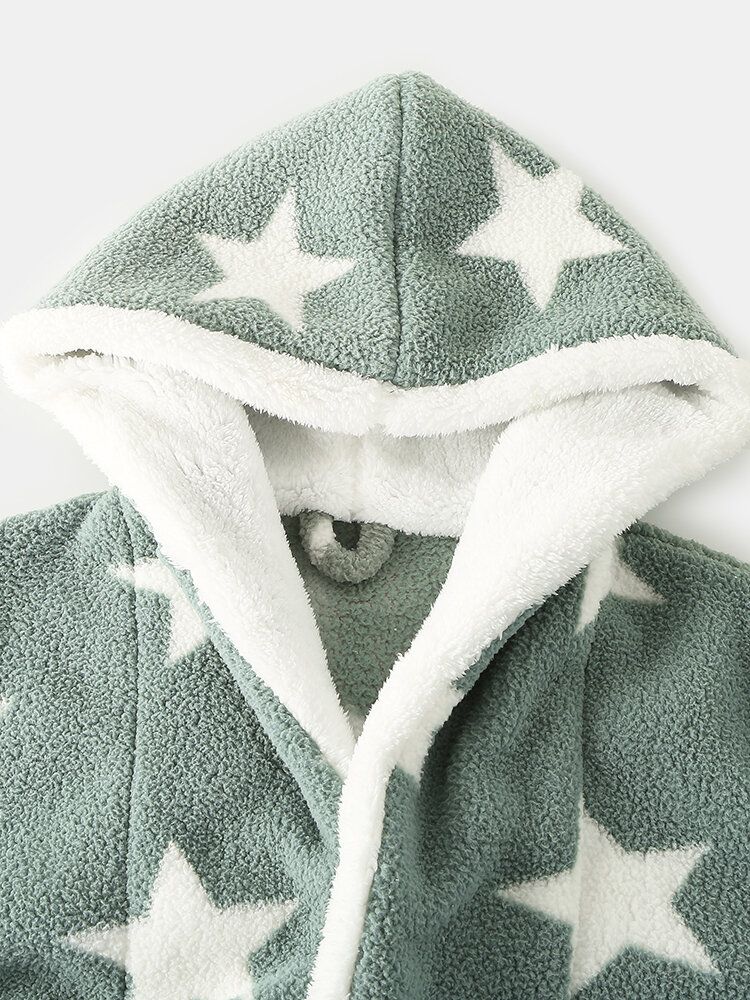 Fajas Para El Hogar Con Estampado De Estrellas Gruesas Para Hombre Ropa De Dormir Con Capucha Cálida De Felpa Con Bolsillo