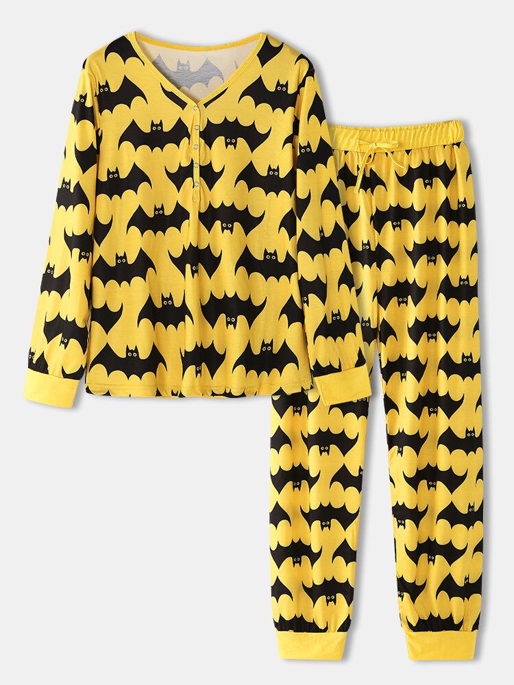 Halloween Mujeres Allover Cartoon Bat Print V-cuello De Manga Larga Top Con Cordón Pantalones De Chándal Conjunto De Pijama Para El Hogar