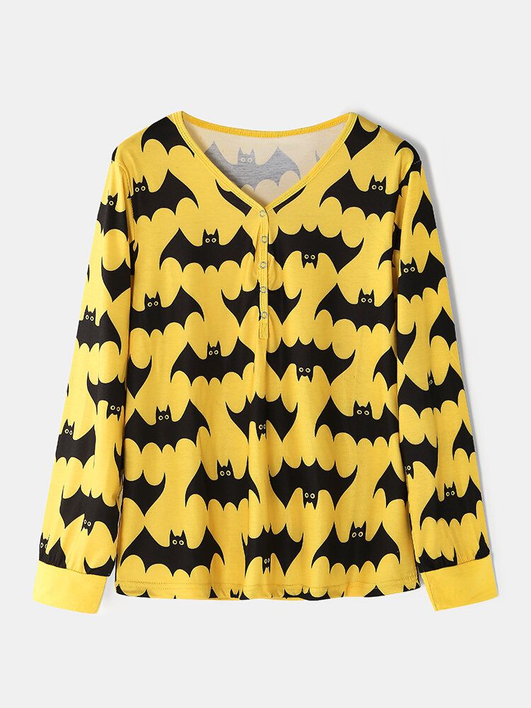 Halloween Mujeres Allover Cartoon Bat Print V-cuello De Manga Larga Top Con Cordón Pantalones De Chándal Conjunto De Pijama Para El Hogar