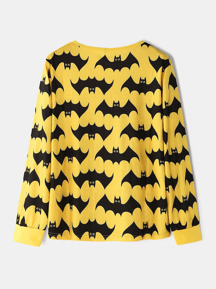 Halloween Mujeres Allover Cartoon Bat Print V-cuello De Manga Larga Top Con Cordón Pantalones De Chándal Conjunto De Pijama Para El Hogar