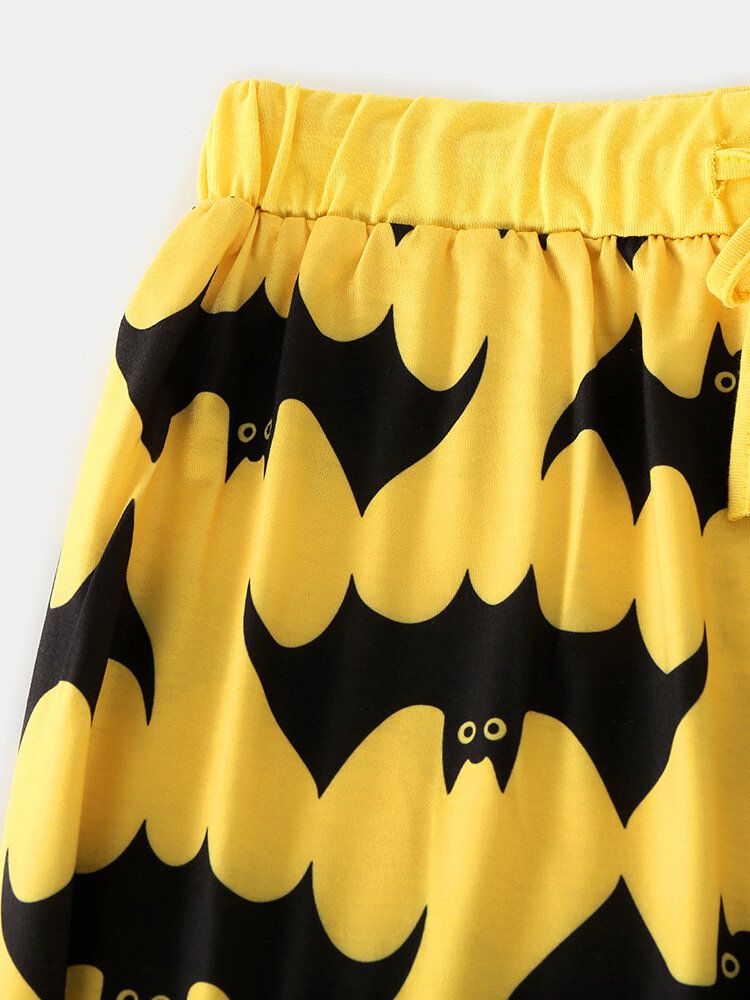 Halloween Mujeres Allover Cartoon Bat Print V-cuello De Manga Larga Top Con Cordón Pantalones De Chándal Conjunto De Pijama Para El Hogar