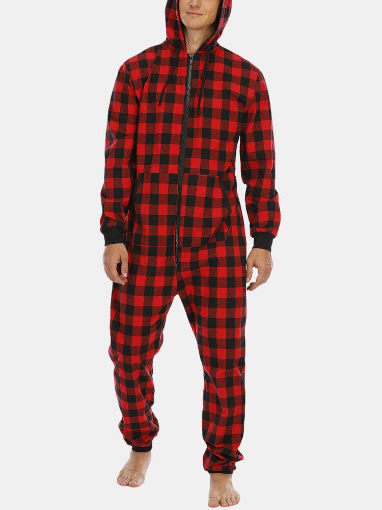 Hombre Plaid Zipper Front Canguro Bolsillo Con Capucha Mono De Una Pieza Inicio Ropa De Dormir Cálida