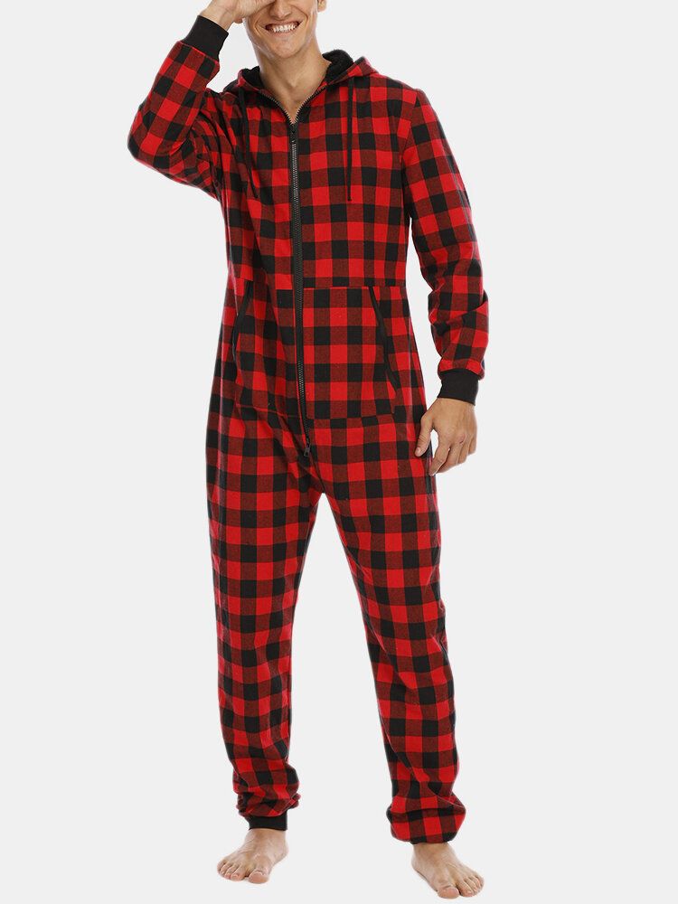 Hombre Plaid Zipper Front Canguro Bolsillo Con Capucha Mono De Una Pieza Inicio Ropa De Dormir Cálida