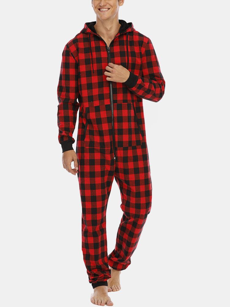 Hombre Plaid Zipper Front Canguro Bolsillo Con Capucha Mono De Una Pieza Inicio Ropa De Dormir Cálida