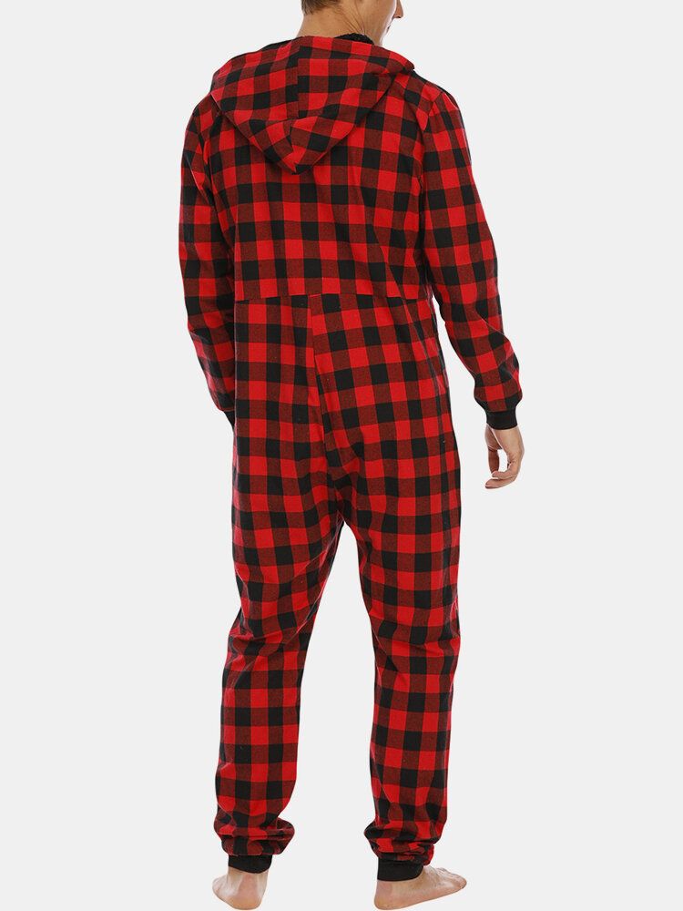 Hombre Plaid Zipper Front Canguro Bolsillo Con Capucha Mono De Una Pieza Inicio Ropa De Dormir Cálida