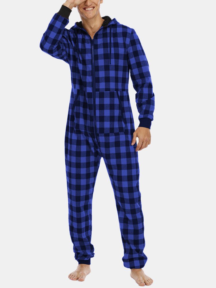 Hombre Plaid Zipper Front Canguro Bolsillo Con Capucha Mono De Una Pieza Inicio Ropa De Dormir Cálida