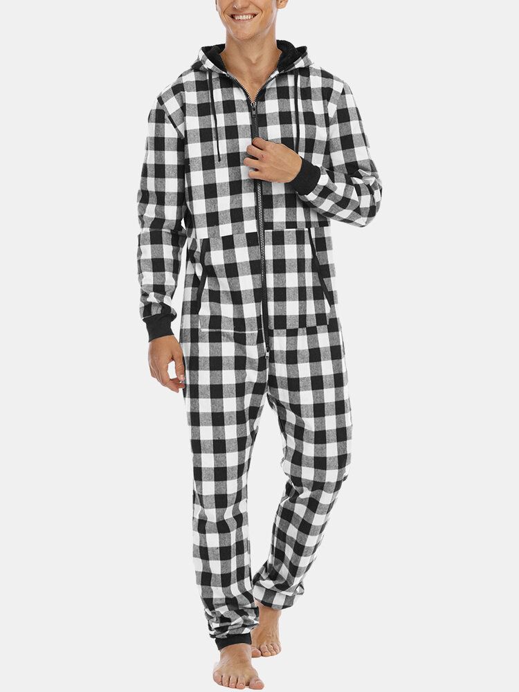 Hombre Plaid Zipper Front Canguro Bolsillo Con Capucha Mono De Una Pieza Inicio Ropa De Dormir Cálida