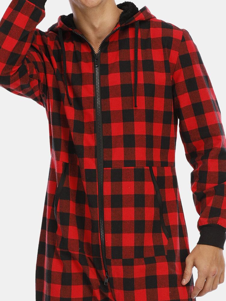 Hombre Plaid Zipper Front Canguro Bolsillo Con Capucha Mono De Una Pieza Inicio Ropa De Dormir Cálida