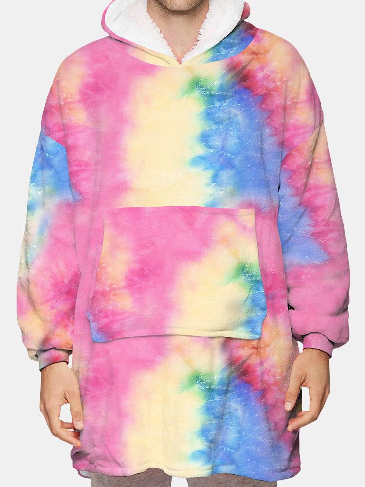 Hombre Tie Dye Two-sided Wearable Fleece Manta De Gran Tamaño Con Capucha Loungewear Con Práctico Bolsillo