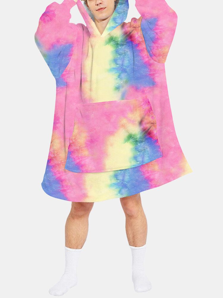 Hombre Tie Dye Two-sided Wearable Fleece Manta De Gran Tamaño Con Capucha Loungewear Con Práctico Bolsillo