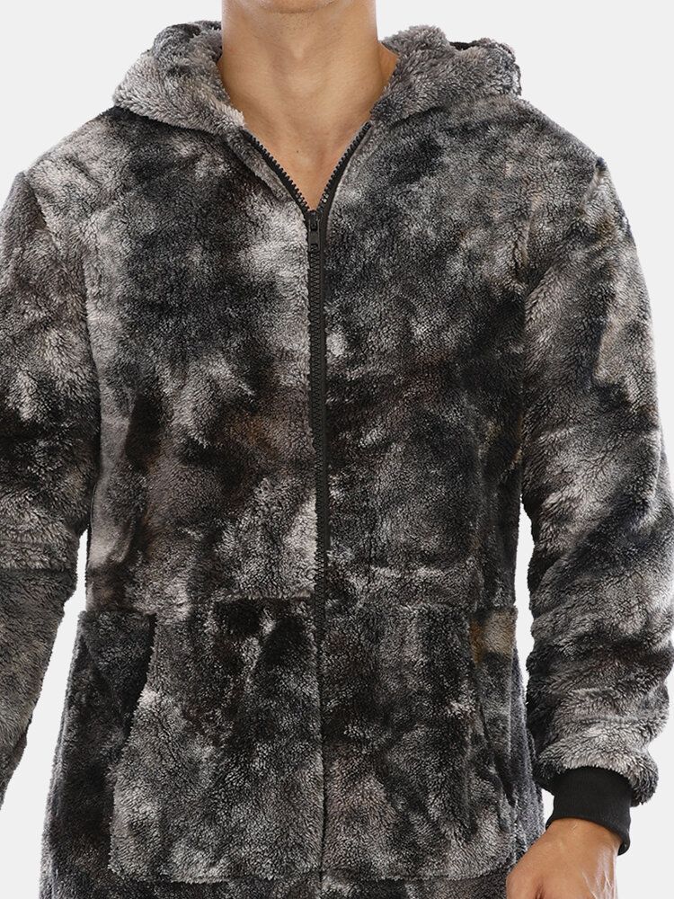 Hombre Tie Dye Warm Fleece Plush Hooded Jumpsuit One Piece Home Sleepwear