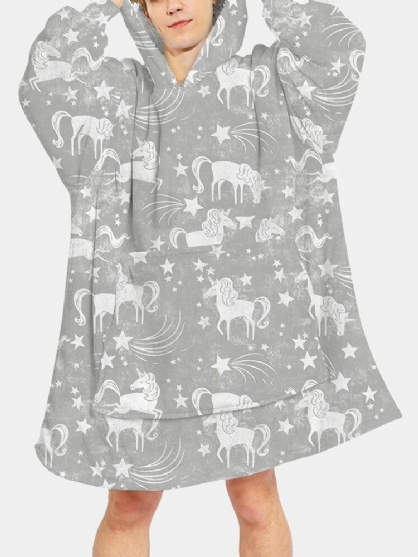 Hombre Unicorn Print Reversible Thicken Manta Con Capucha Bolsillo Grande Ropa De Dormir Para El Hogar Batas